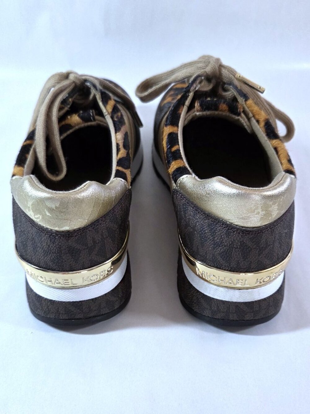 NWOT Michael Kors Brown & Gold Calf Hair Cheetah Print Trainers Size 7.5 - Picture 4 of 6